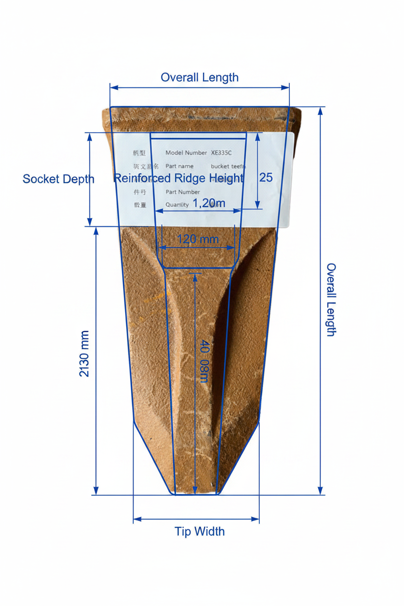 XCMG XE335C Reinforced Bucket Teeth - Dimension Diagram