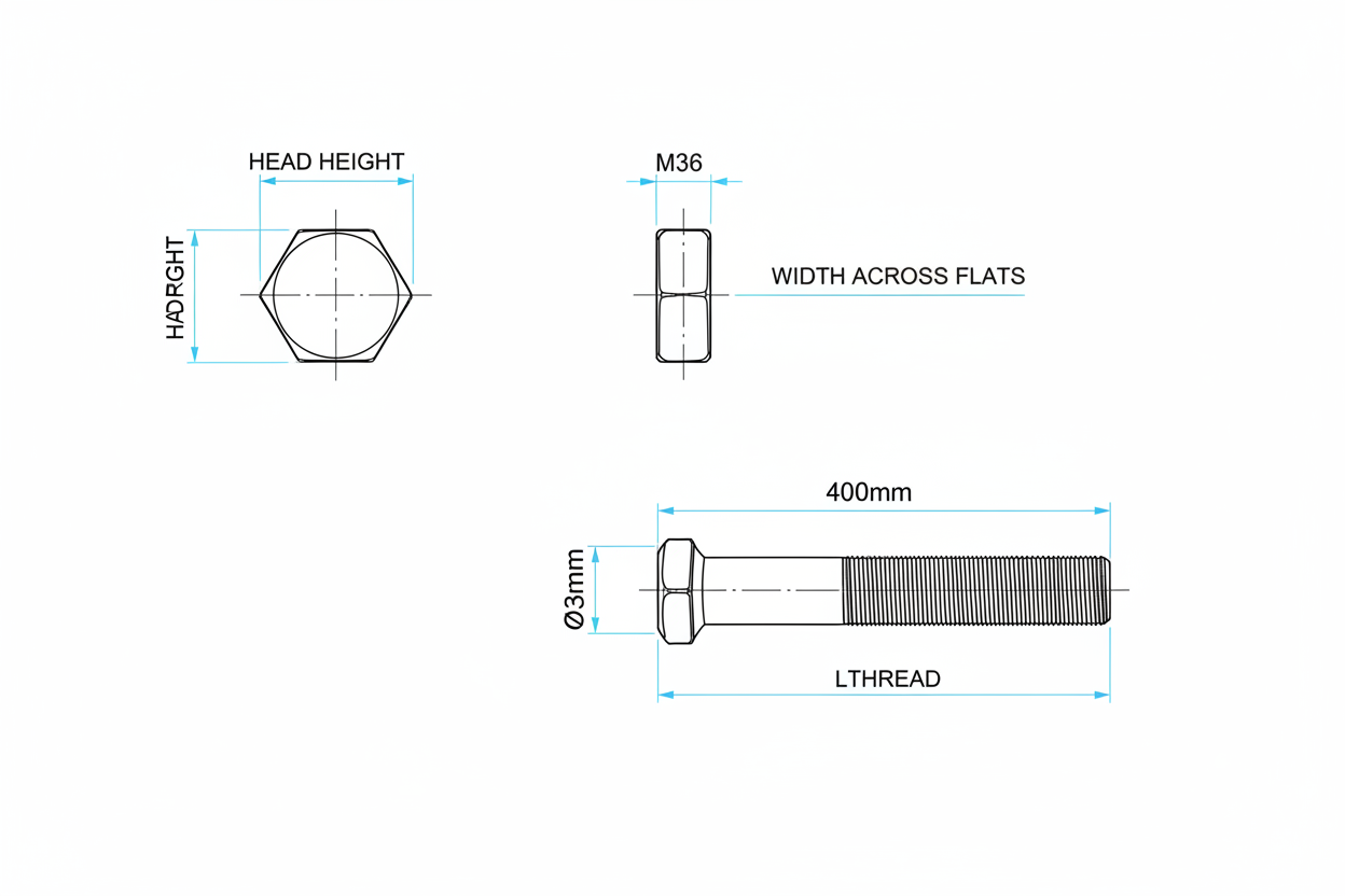 Counterweight Bolt M36x400 - Dimension diagram